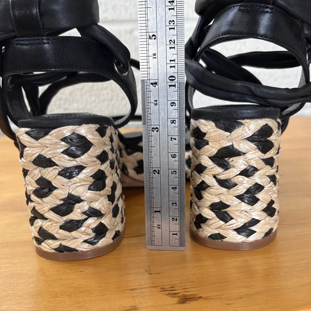 Vince Camuto Roreka Black Leather Platform Strappy Sandals Size 7.5 Raffia Heel